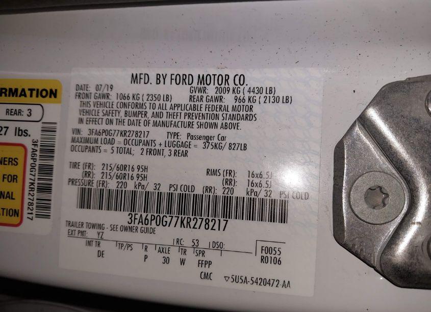 Photo 9 of 2019 Ford Fusion S (VIN 3FA6P0G77KR278217)