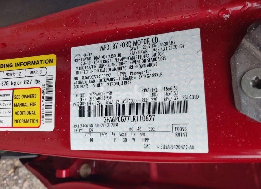 Photo 9 of 2020 Ford Fusion S (VIN 3FA6P0G77LR110627)