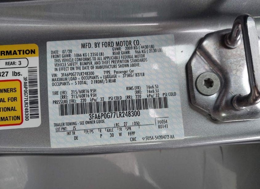 Photo 9 of 2020 Ford Fusion S (VIN 3FA6P0G77LR248300)