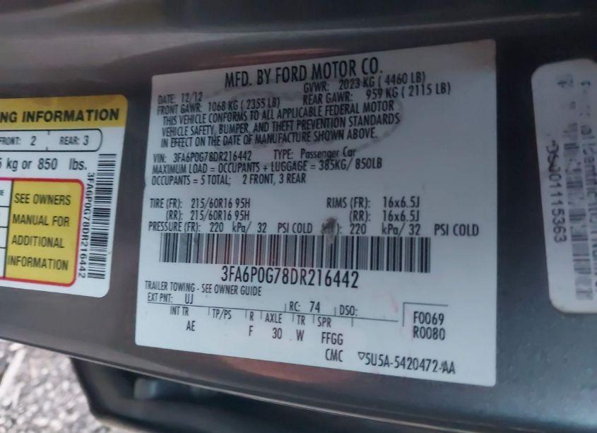 Photo 9 of 2013 Ford Fusion S (VIN 3FA6P0G78DR216442)