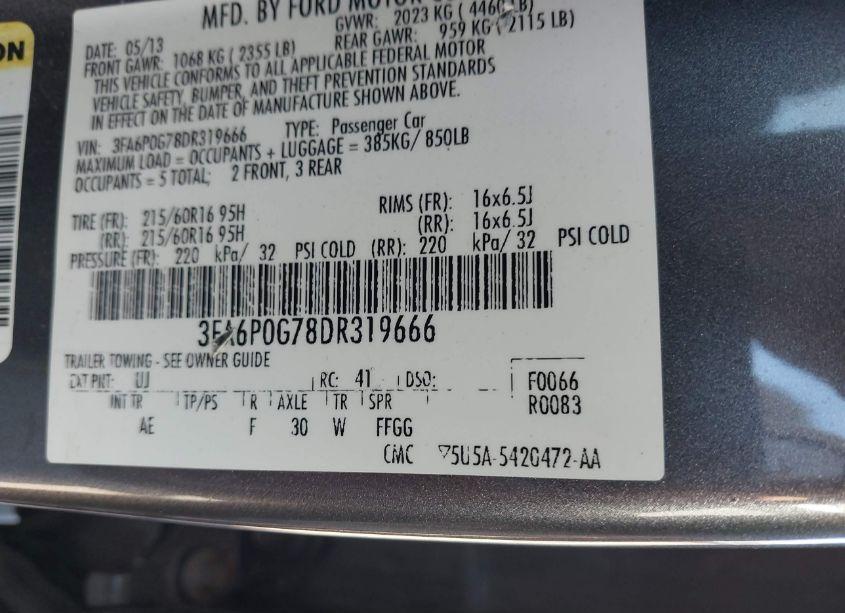 Photo 9 of 2013 Ford Fusion S (VIN 3FA6P0G78DR319666)
