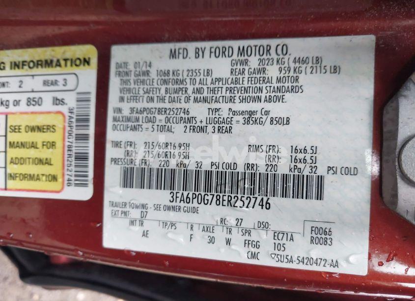 Photo 9 of 2014 Ford Fusion S (VIN 3FA6P0G78ER252746)