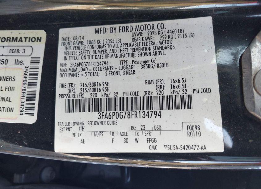 Photo 9 of 2015 Ford Fusion S (VIN 3FA6P0G78FR134794)