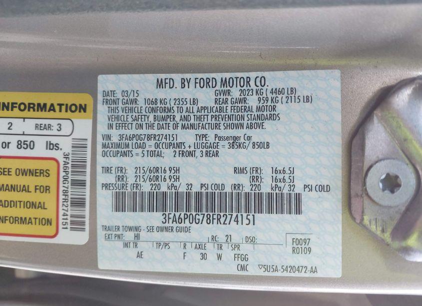 Photo 9 of 2015 Ford Fusion S (VIN 3FA6P0G78FR274151)