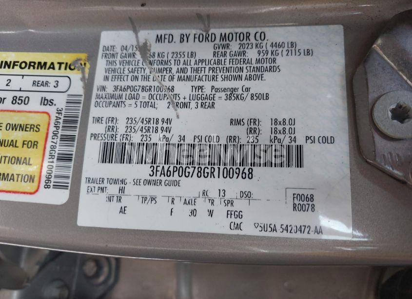 Photo 9 of 2016 Ford Fusion S (VIN 3FA6P0G78GR100968)
