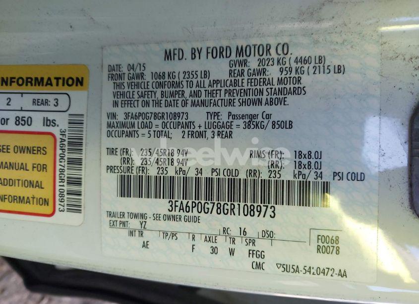 Photo 9 of 2016 Ford Fusion S (VIN 3FA6P0G78GR108973)