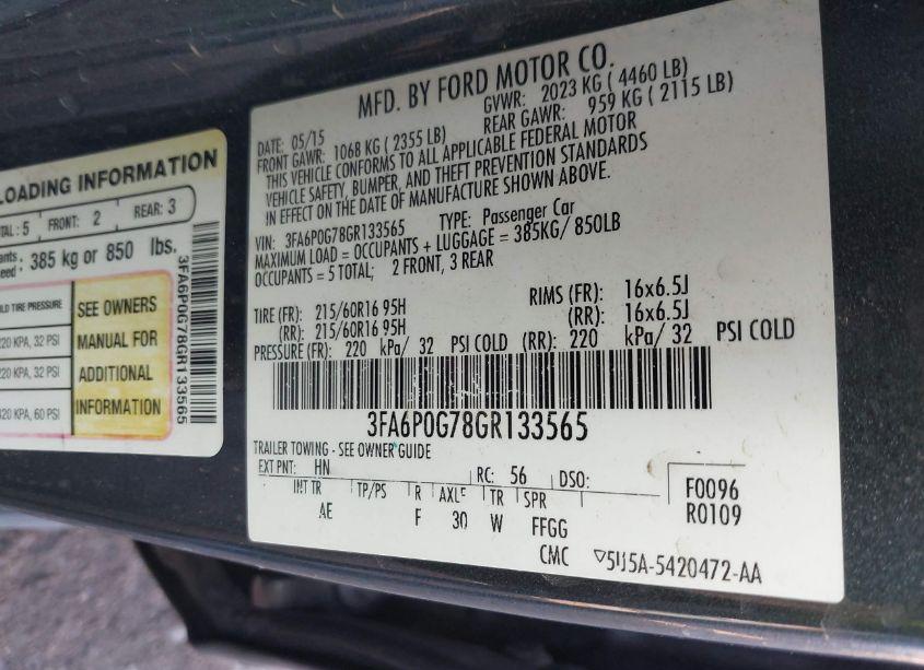 Photo 9 of 2016 Ford Fusion S (VIN 3FA6P0G78GR133565)