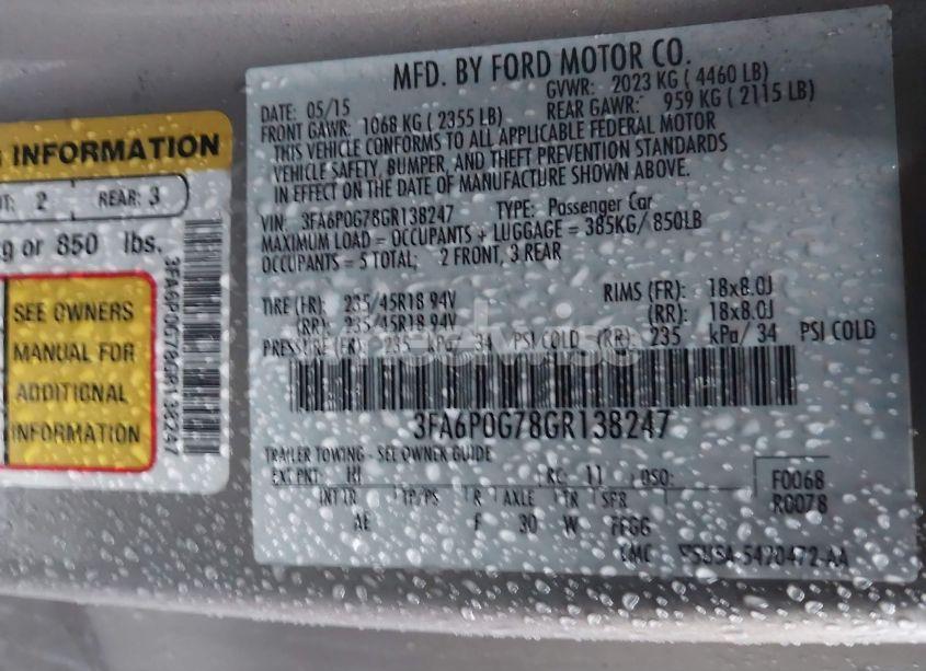 Photo 9 of 2016 Ford Fusion S (VIN 3FA6P0G78GR138247)