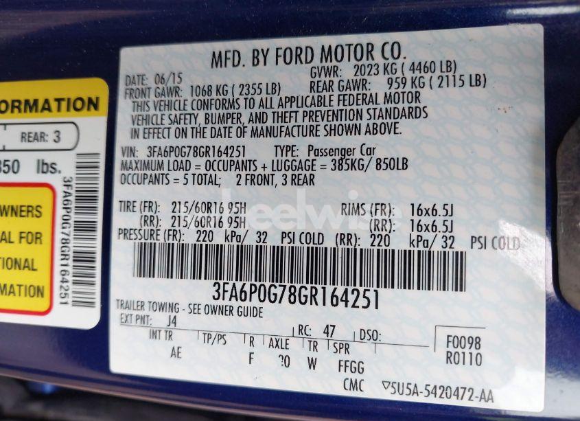Photo 9 of 2016 Ford Fusion S (VIN 3FA6P0G78GR164251)