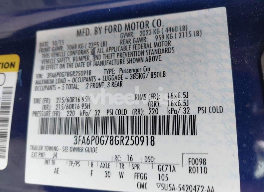 Photo 9 of 2016 Ford Fusion S (VIN 3FA6P0G78GR250918)