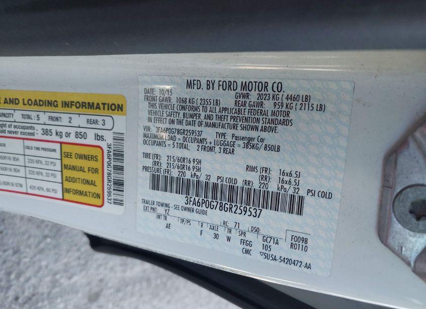 Photo 9 of 2016 Ford Fusion S (VIN 3FA6P0G78GR259537)