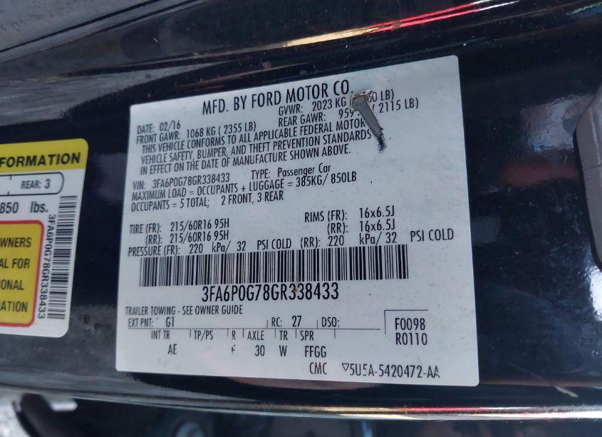 Photo 9 of 2016 Ford Fusion S (VIN 3FA6P0G78GR338433)