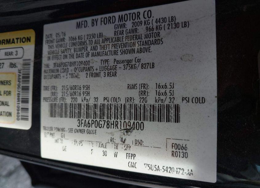 Photo 9 of 2017 Ford Fusion S (VIN 3FA6P0G78HR109400)