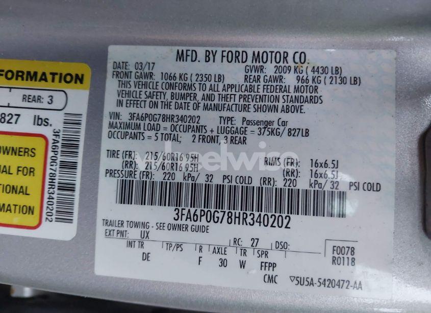 Photo 8 of 2017 Ford Fusion S (VIN 3FA6P0G78HR340202)