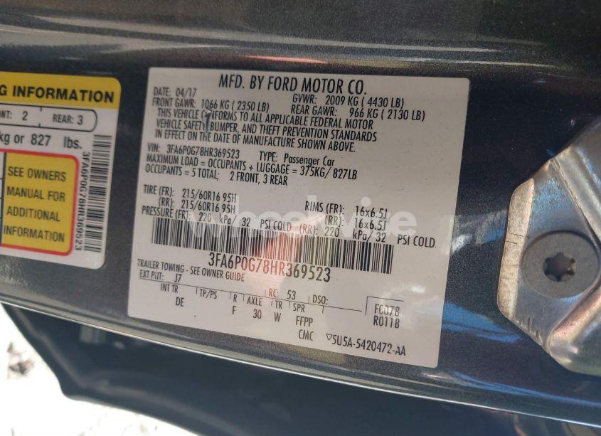 Photo 9 of 2017 Ford Fusion S (VIN 3FA6P0G78HR369523)