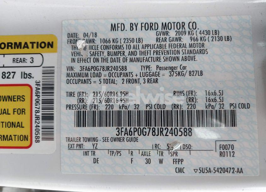 Photo 9 of 2018 Ford Fusion S (VIN 3FA6P0G78JR240588)