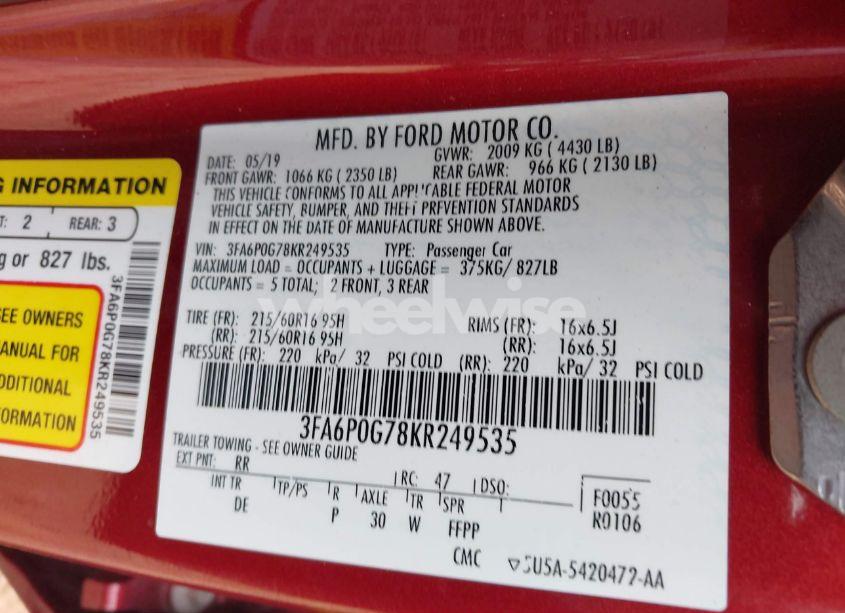 Photo 9 of 2019 Ford Fusion S (VIN 3FA6P0G78KR249535)