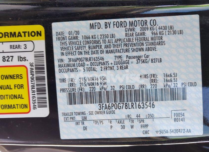 Photo 9 of 2020 Ford Fusion S (VIN 3FA6P0G78LR163546)