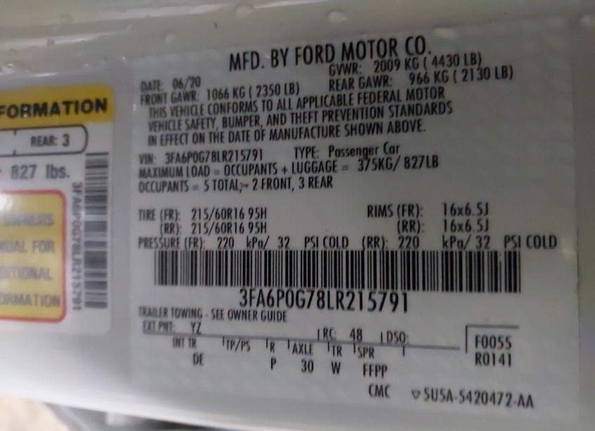 Photo 9 of 2020 Ford Fusion S (VIN 3FA6P0G78LR215791)