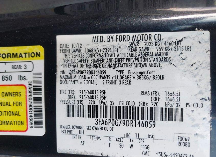 Photo 9 of 2013 Ford Fusion S (VIN 3FA6P0G79DR146059)