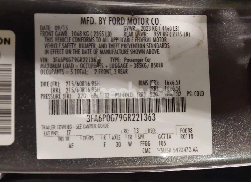 Photo 9 of 2016 Ford Fusion S (VIN 3FA6P0G79GR221363)