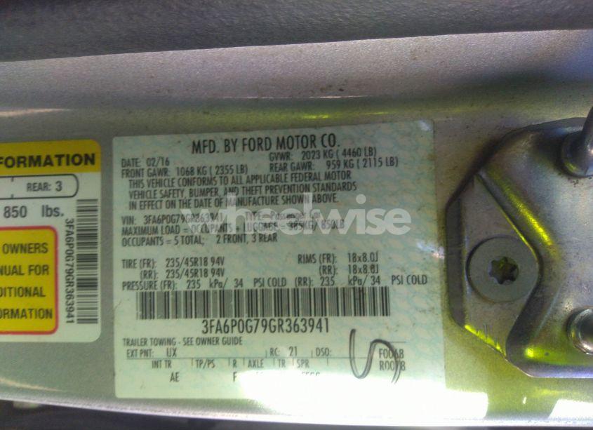 Photo 9 of 2016 Ford Fusion S (VIN 3FA6P0G79GR363941)