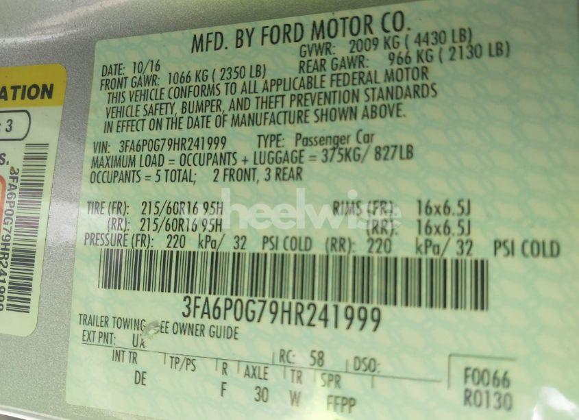 Photo 9 of 2017 Ford Fusion S (VIN 3FA6P0G79HR241999)