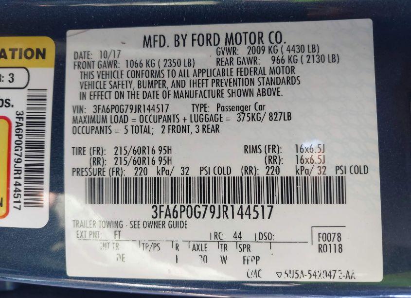 Photo 9 of 2018 Ford Fusion S (VIN 3FA6P0G79JR144517)