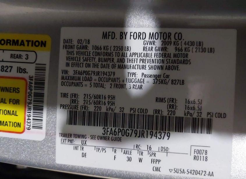 Photo 9 of 2018 Ford Fusion S (VIN 3FA6P0G79JR194379)