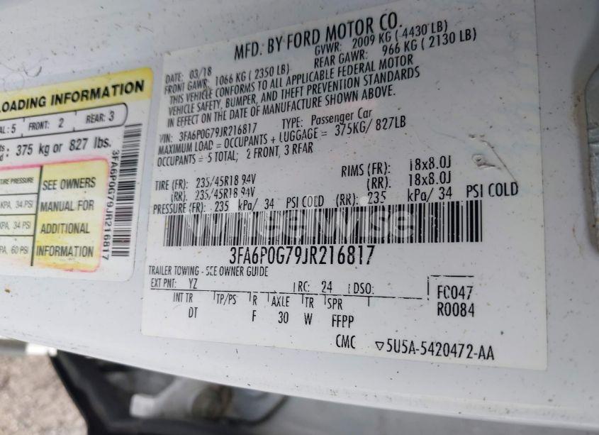 Photo 9 of 2018 Ford Fusion S (VIN 3FA6P0G79JR216817)