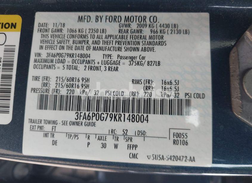 Photo 9 of 2019 Ford Fusion S (VIN 3FA6P0G79KR148004)