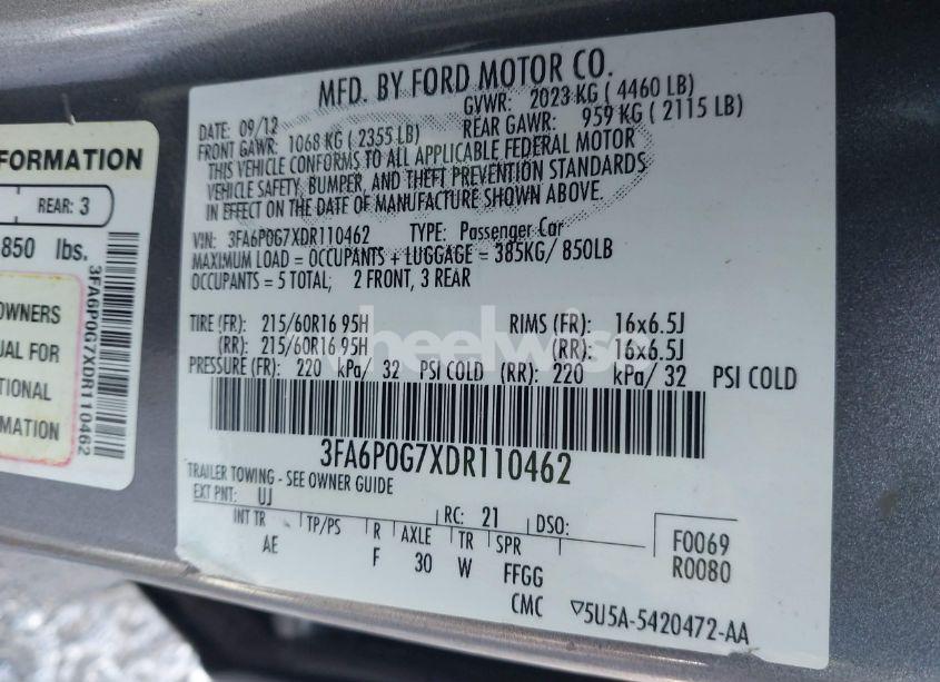 Photo 9 of 2013 Ford Fusion S (VIN 3FA6P0G7XDR110462)