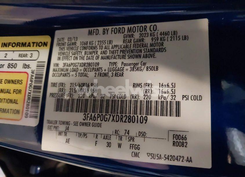 Photo 9 of 2013 Ford Fusion S (VIN 3FA6P0G7XDR280109)