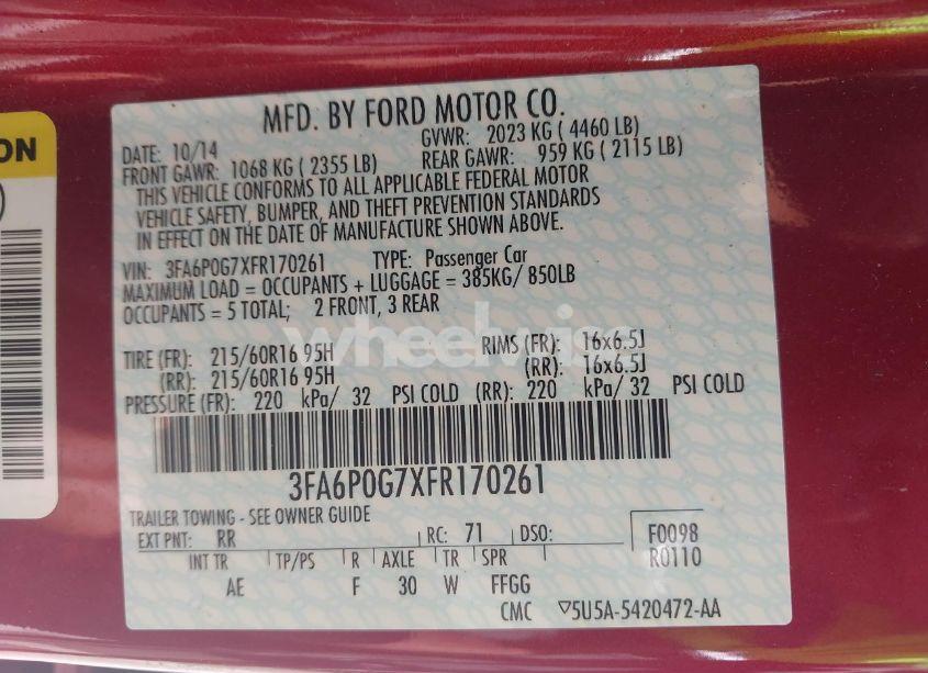 Photo 9 of 2015 Ford Fusion S (VIN 3FA6P0G7XFR170261)