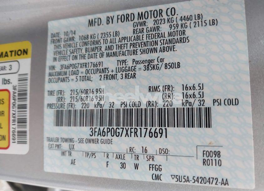 Photo 9 of 2015 Ford Fusion S (VIN 3FA6P0G7XFR176691)