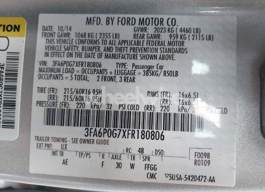 Photo 9 of 2015 Ford Fusion S (VIN 3FA6P0G7XFR180806)