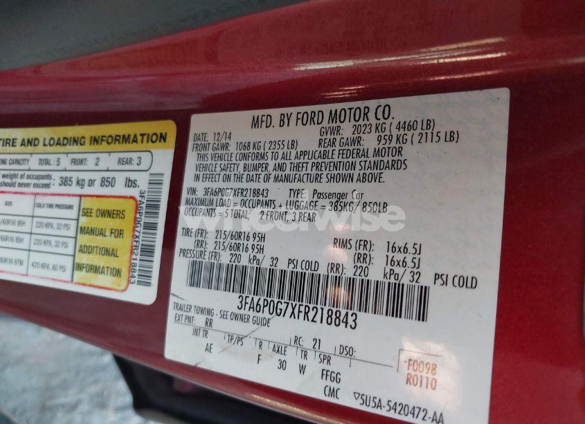 Photo 9 of 2015 Ford Fusion S (VIN 3FA6P0G7XFR218843)