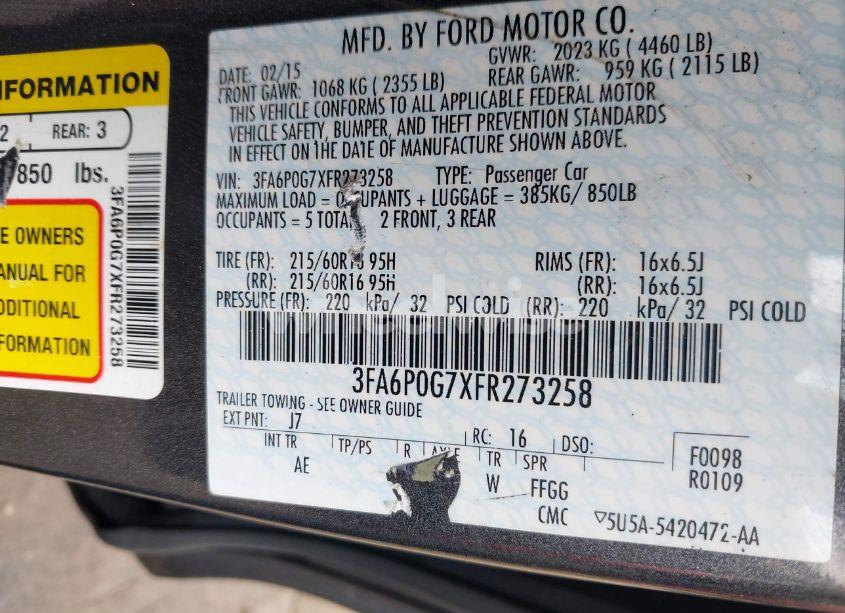 Photo 9 of 2015 Ford Fusion S (VIN 3FA6P0G7XFR273258)