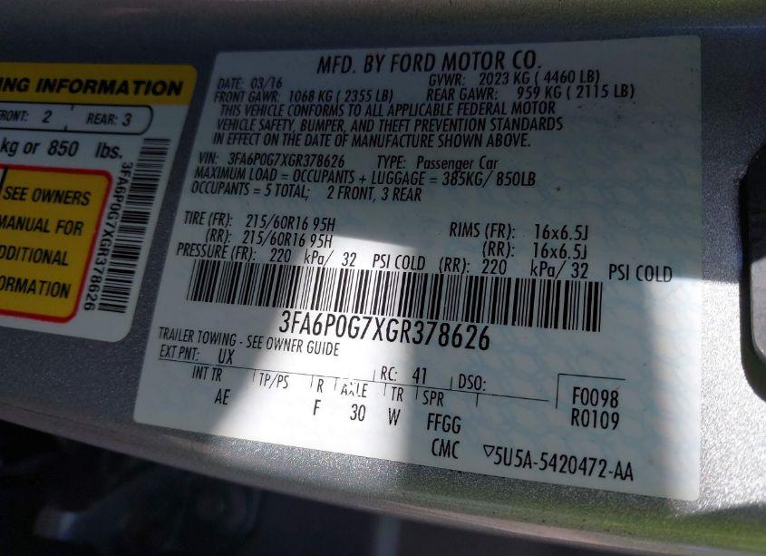 Photo 9 of 2016 Ford Fusion S (VIN 3FA6P0G7XGR378626)