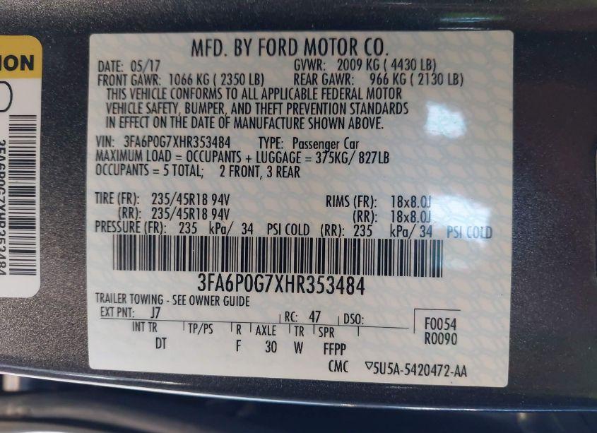 Photo 9 of 2017 Ford Fusion S (VIN 3FA6P0G7XHR353484)