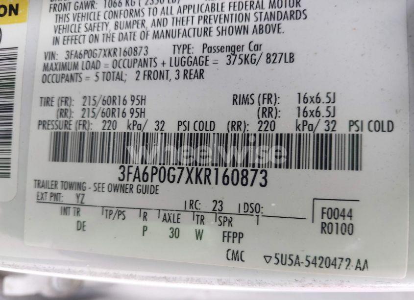 Photo 9 of 2019 Ford Fusion S (VIN 3FA6P0G7XKR160873)