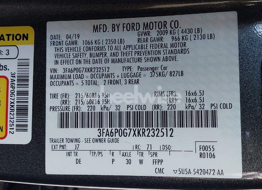 Photo 9 of 2019 Ford Fusion S (VIN 3FA6P0G7XKR232512)