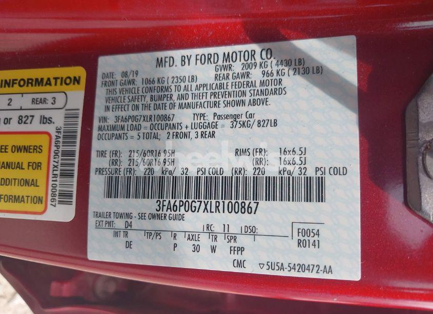 Photo 9 of 2020 Ford Fusion S (VIN 3FA6P0G7XLR100867)