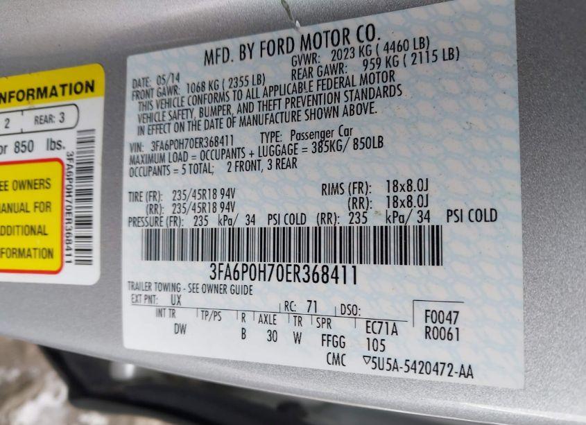 Photo 9 of 2014 Ford Fusion SE (VIN 3FA6P0H70ER368411)