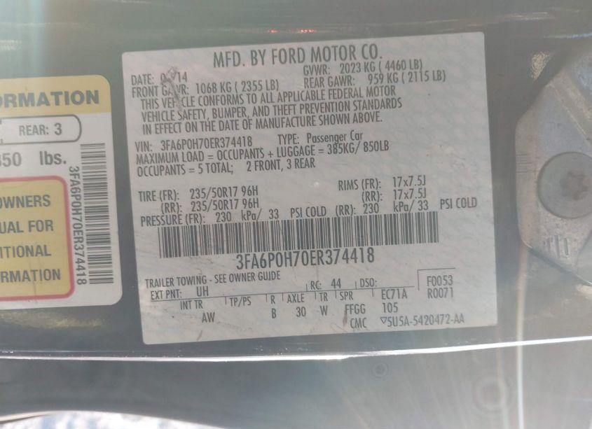 Photo 9 of 2014 Ford Fusion SE (VIN 3FA6P0H70ER374418)