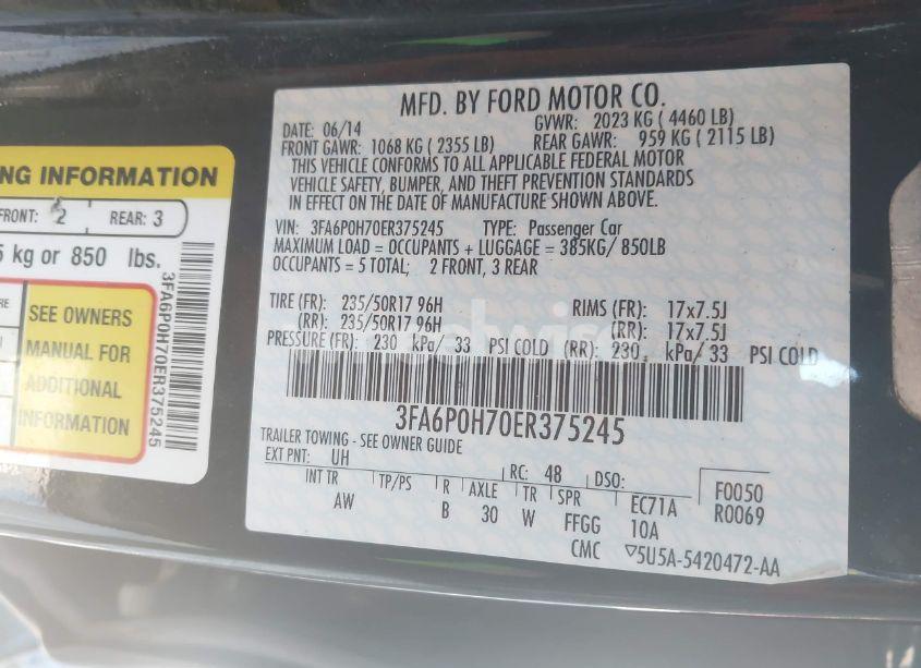 Photo 9 of 2014 Ford Fusion SE (VIN 3FA6P0H70ER375245)