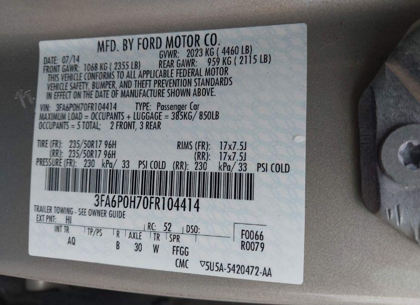 Photo 9 of 2015 Ford Fusion SE (VIN 3FA6P0H70FR104414)