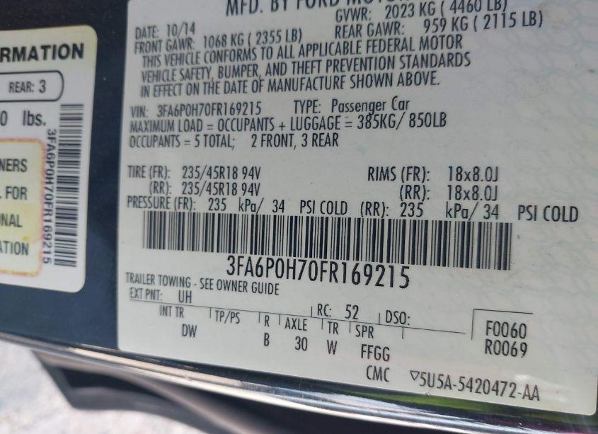 Photo 9 of 2015 Ford Fusion SE (VIN 3FA6P0H70FR169215)