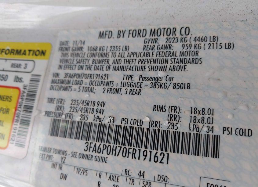 Photo 9 of 2015 Ford Fusion SE (VIN 3FA6P0H70FR191621)