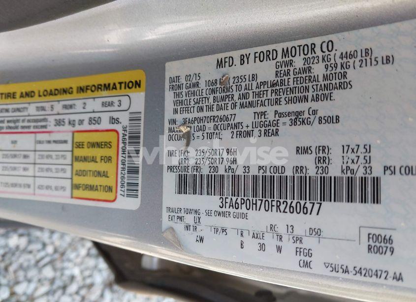 Photo 9 of 2015 Ford Fusion SE (VIN 3FA6P0H70FR260677)